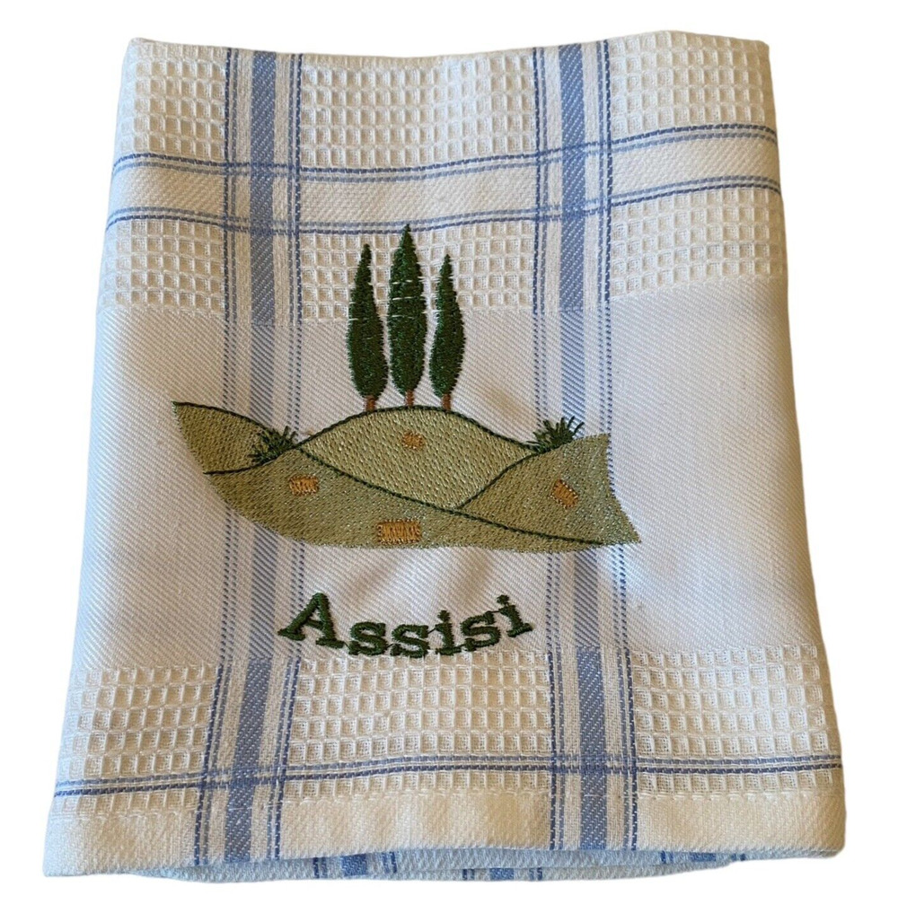 Italian Cotton Hand Towel Assisi Italy Landscape Blue White Check Chianti 28.25”